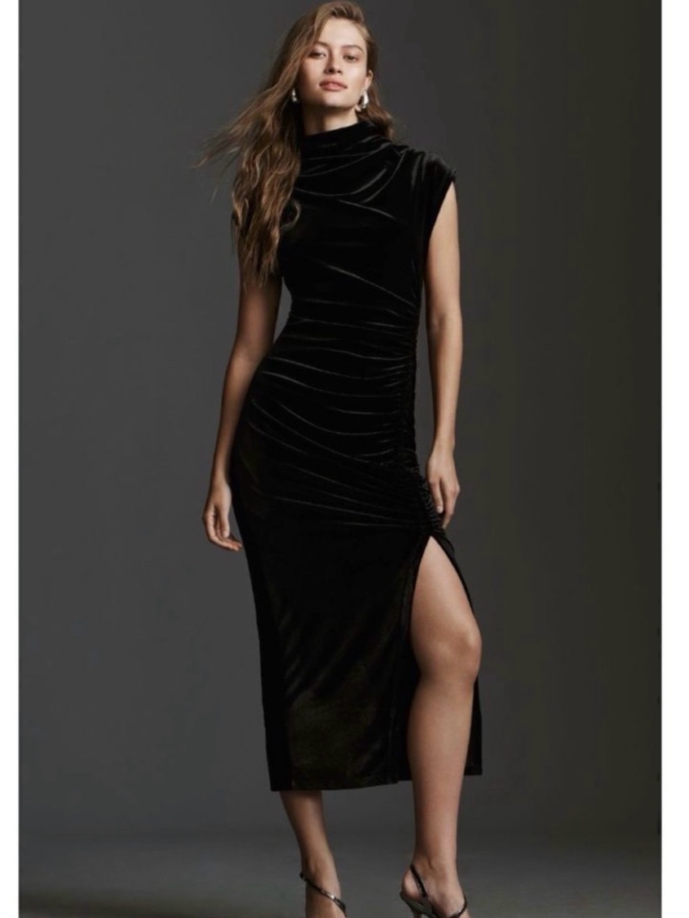 NEW Anthropologie Maya Black Ruched Cowl-Neck Velvet Side-Slit
Maxi Dress Small